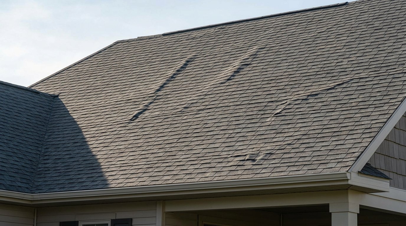 New asphalt shingle roof showing visible waves and buckled shingles