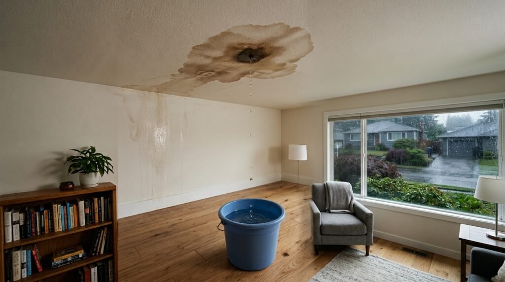 Ceiling water stain and dripping water inside a home after heavy rain