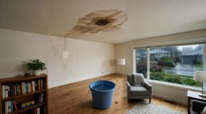 Ceiling water stain and dripping water inside a home after heavy rain