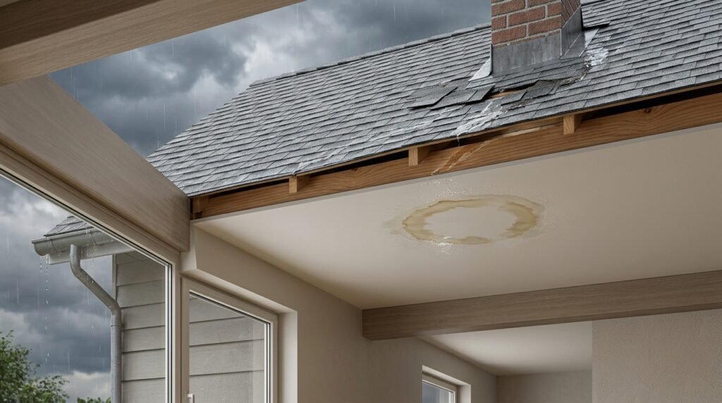 Brown water stain spreading across a ceiling below a damaged roof after heavy rain