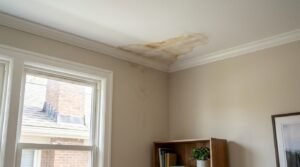 Ceiling water stain inside a home caused by a possible roof flashing problem
