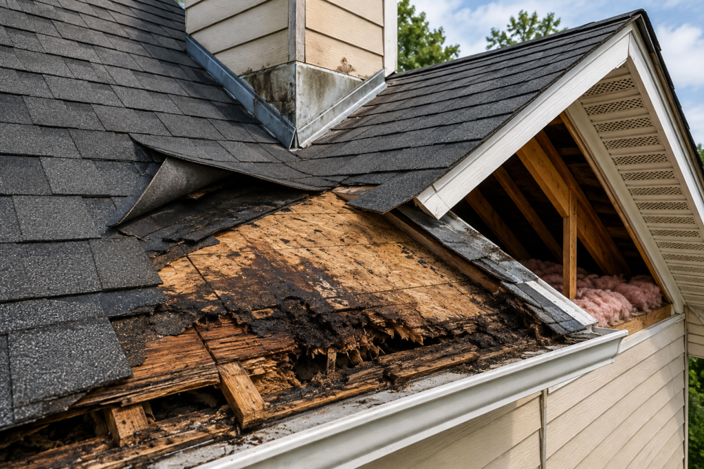 Close-up of a damaged roof eave with exposed rotted wood and torn shingles near the attic gable