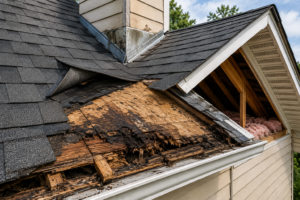 Close-up of a damaged roof eave with exposed rotted wood and torn shingles near the attic gable