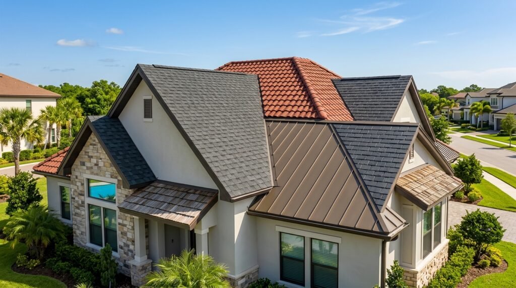 Illustration comparing roofing material options for a modern residential home