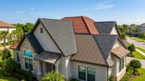 Illustration comparing roofing material options for a modern residential home
