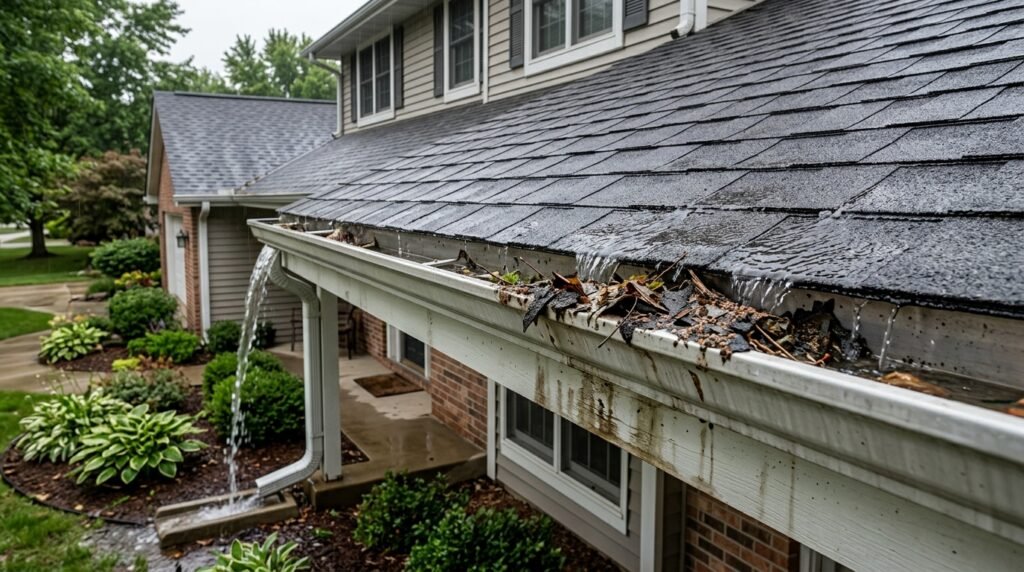 Debris-filled gutter causing roof water damage