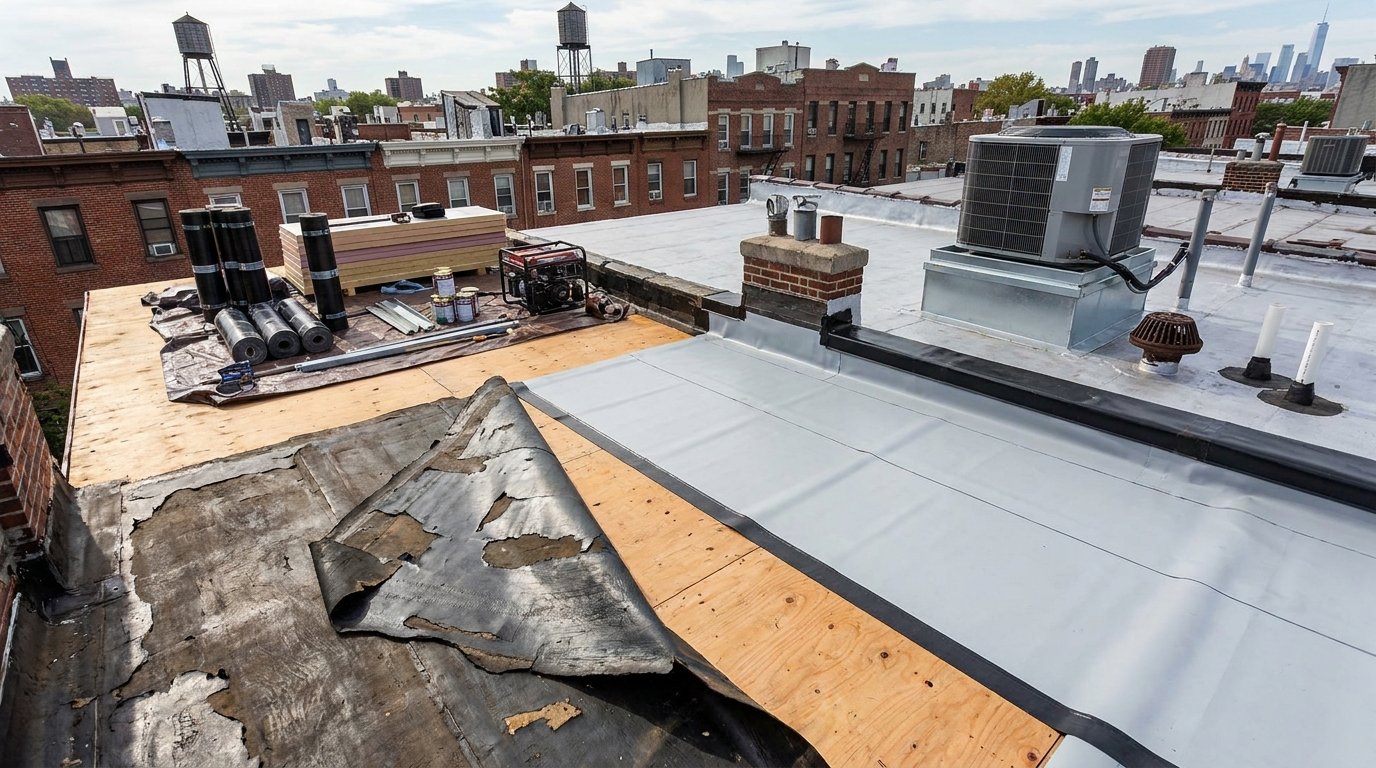 Flat roof replacement in progress showing torn old membrane, plywood decking, and new roofing materials staged nearby