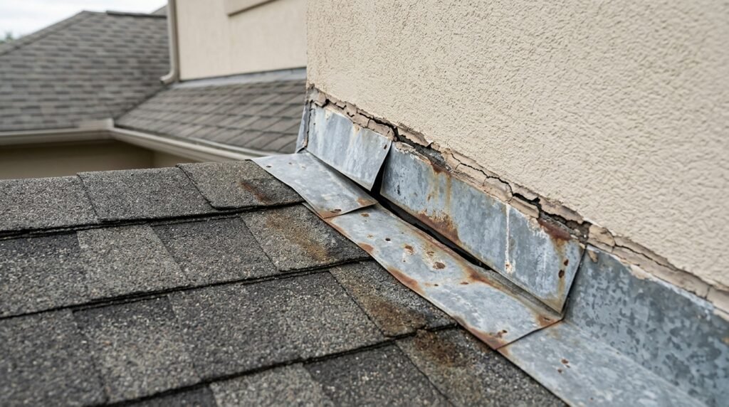 Rusted and deteriorated roof flashing where the roofline meets an exterior wall
