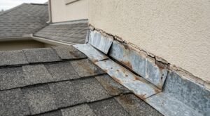 Rusted and deteriorated roof flashing where the roofline meets an exterior wall