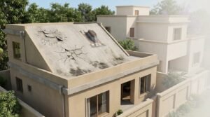 Aerial view of a house with mixed tile and metal roofing showing wear and damaged sections