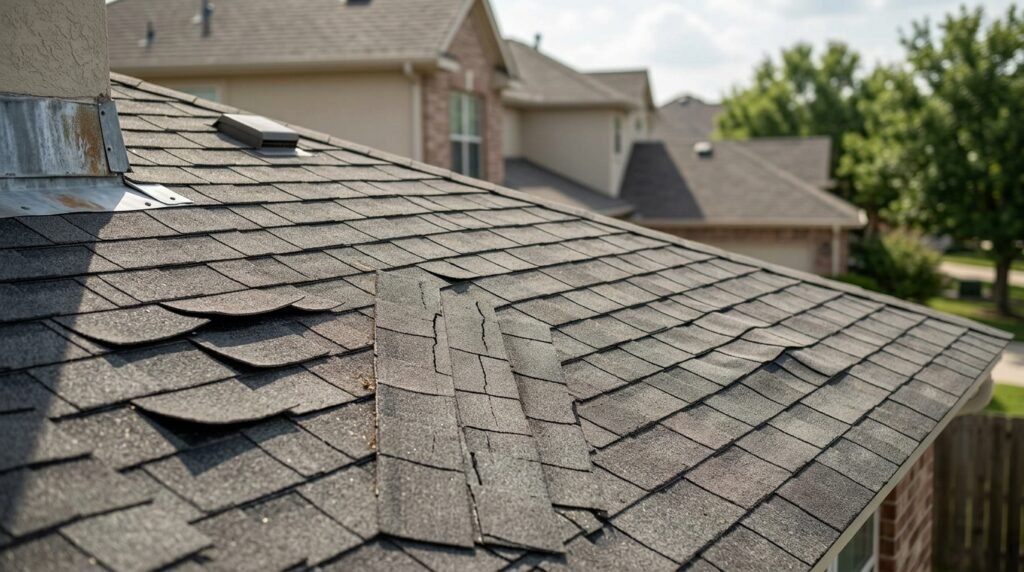 Close-up of a roof ridge with curling, lifted, and displaced shingles showing signs of wear and damage