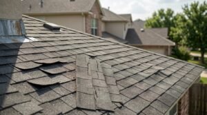 Close-up of a roof ridge with curling, lifted, and displaced shingles showing signs of wear and damage