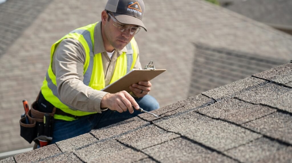 Roofer inspecting shingles