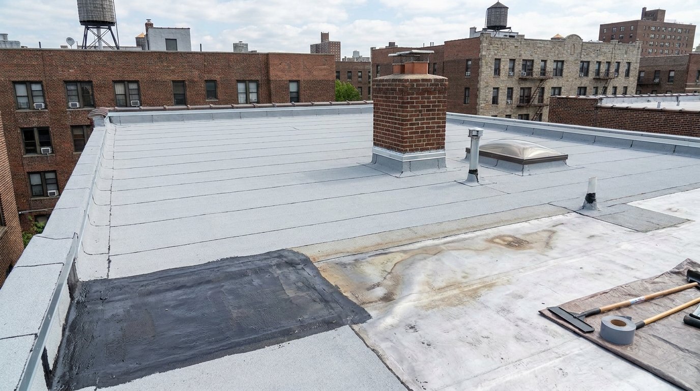 Commercial flat roof with chimney and repair tools.