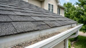 Asphalt shingle roof with granules collecting in the gutter, a sign of roof wear and aging
