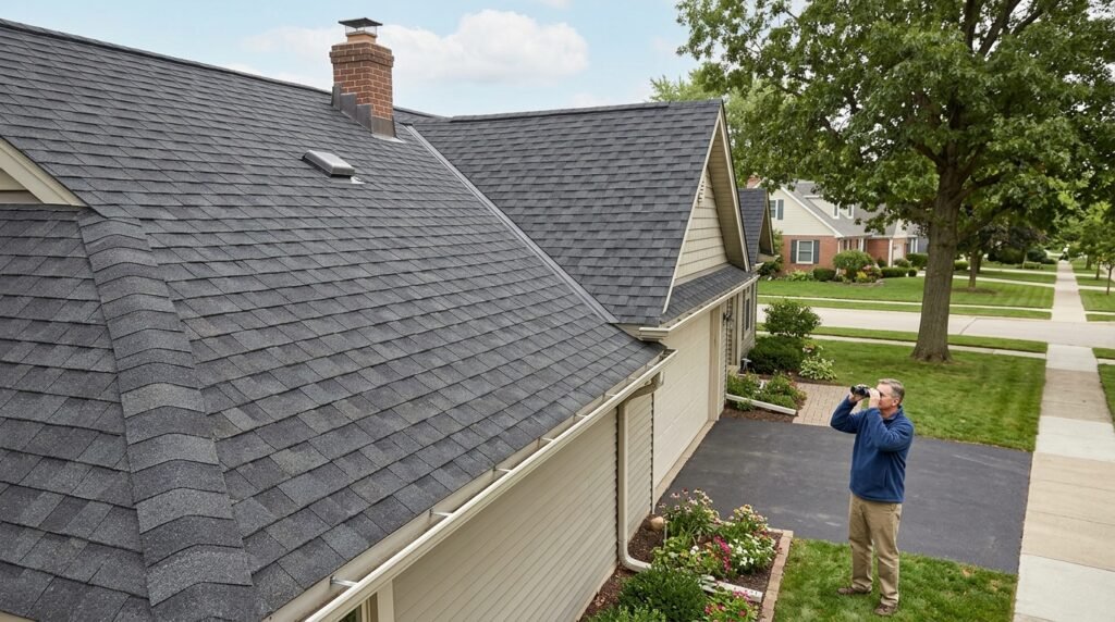 Homeowner using binoculars to inspect the shingle roof of his house from the ground