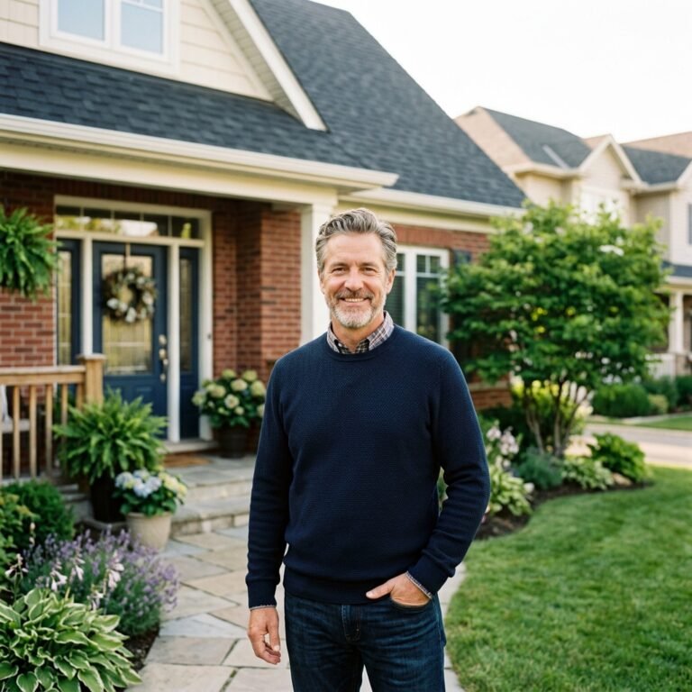 Happy homeowner smiling in front of a brick suburban home with a well-maintained shingle roof