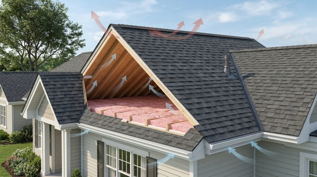 Roof ventilation system protecting a residential shingle roof