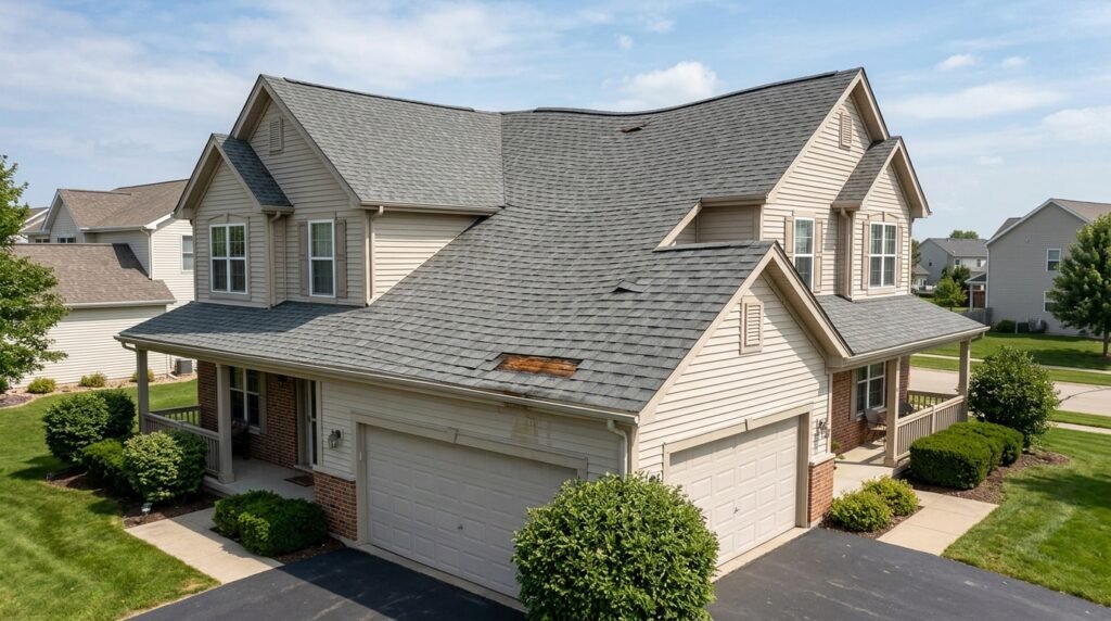 Two-story suburban home with a well-maintained shingle roof and attached garage