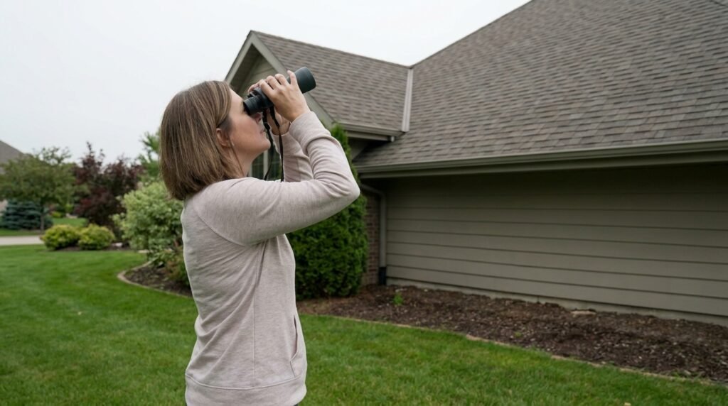 Woman checking roof for damage