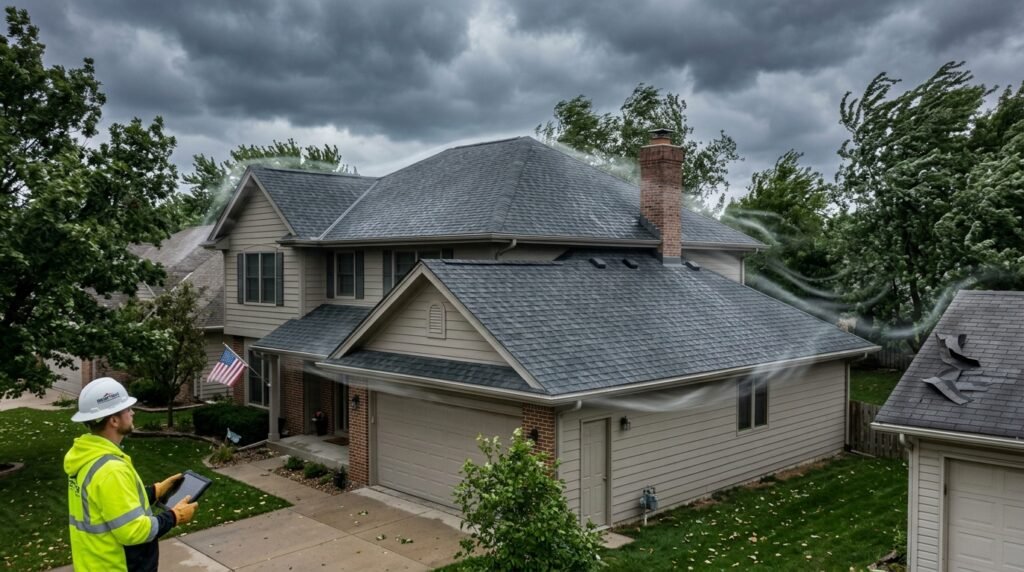 Roofer inspecting a home roof