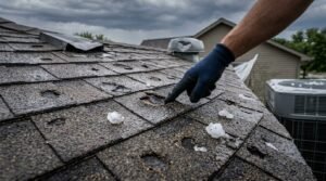 Inspector's gloved hand examining hailstones and impact damage on an asphalt shingle roof