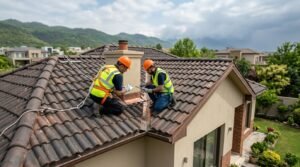 Two roofing inspectors in orange helmets examining tile roof flashing near a chimney on a residential home
