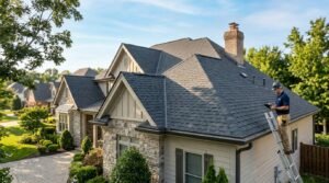 Roofing inspector standing on a ladder examining a shingle roof from the side of a house