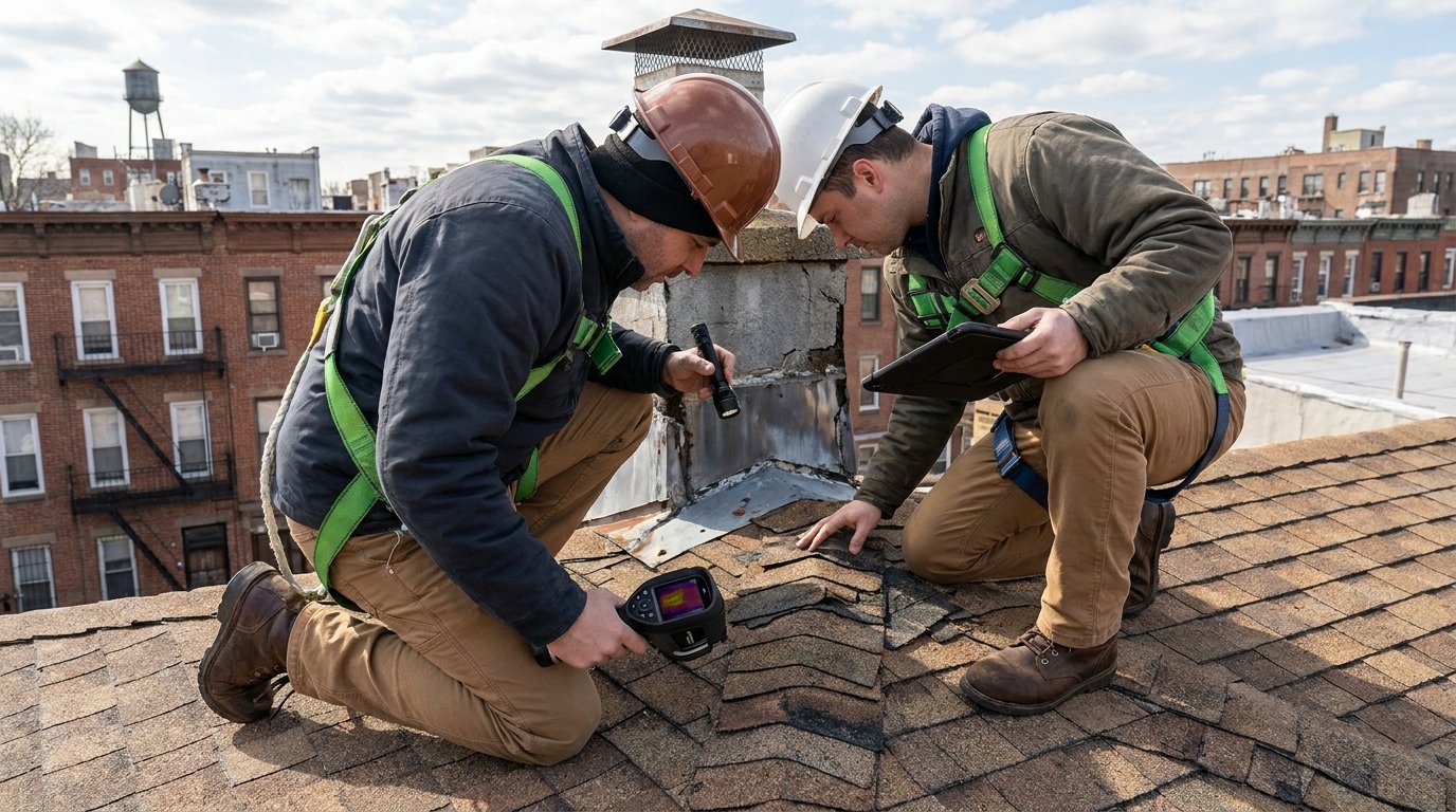 Two roofing technicians inspecting shingles and chimney flashing with a thermal camera during a professional roof inspection