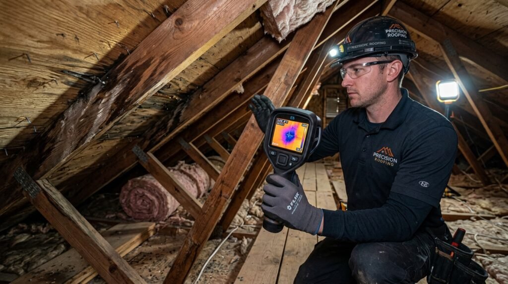 Roof inspector using a thermal camera to detect hidden moisture in an attic