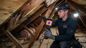 Roof inspector using a thermal camera to detect hidden moisture in an attic