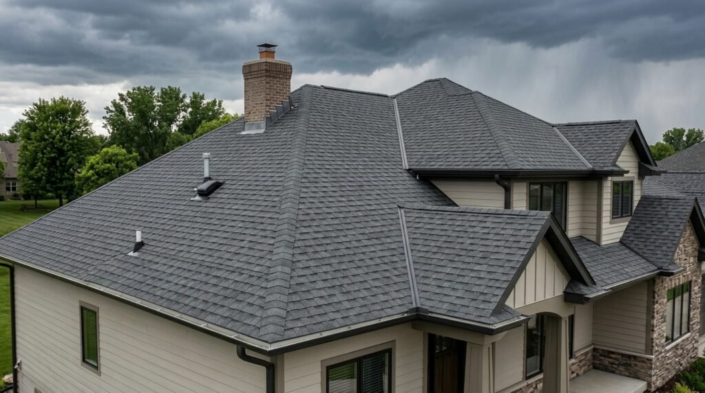 Modern residential house with a shingle roof and chimney