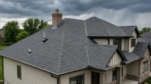 Modern residential house with a shingle roof and chimney