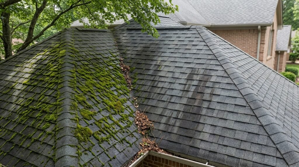 Thick moss and algae growth covering an aging asphalt shingle roof, a sign of roof maintenance needed