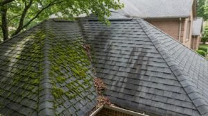 Thick moss and algae growth covering an aging asphalt shingle roof, a sign of roof maintenance needed