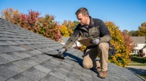 Roofer inspecting a residential shingle roof