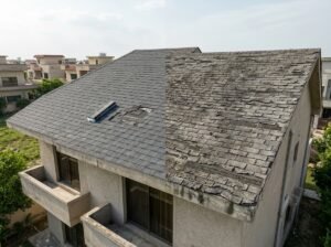 Before-and-after comparison of a villa roof showing clean shingles on one side and worn, weathered shingles on the other