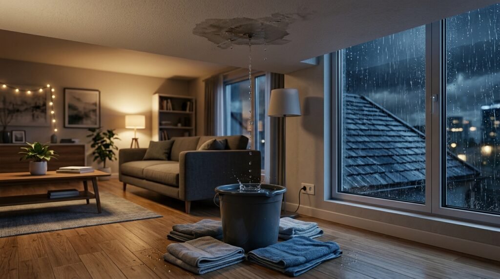 Rainwater leaking through a ceiling and dripping into a bucket inside a living room during a storm