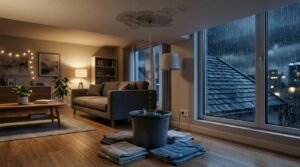 Rainwater leaking through a ceiling and dripping into a bucket inside a living room during a storm