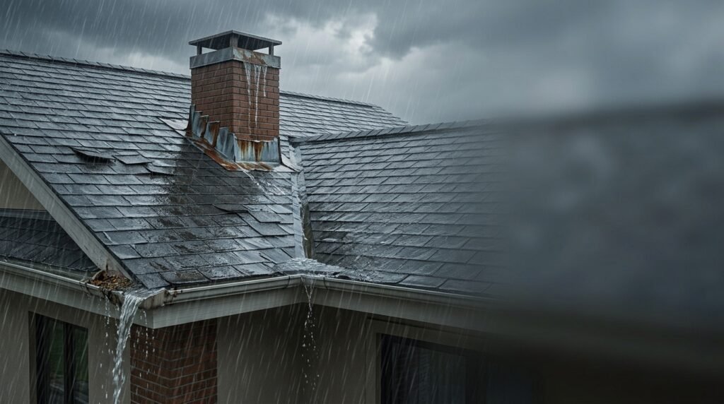 Heavy rain pouring over a shingle roof and brick chimney, with water overflowing from the gutter