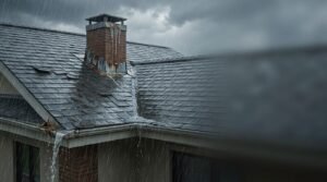 Heavy rain pouring over a shingle roof and brick chimney, with water overflowing from the gutter