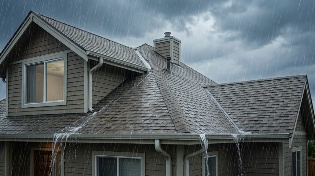 Rainwater pouring off a residential roof during a heavy storm, showing poor drainage and potential leak risk