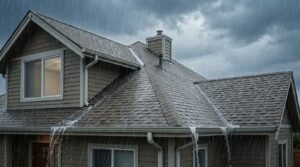 Rainwater pouring off a residential roof during a heavy storm, showing poor drainage and potential leak risk