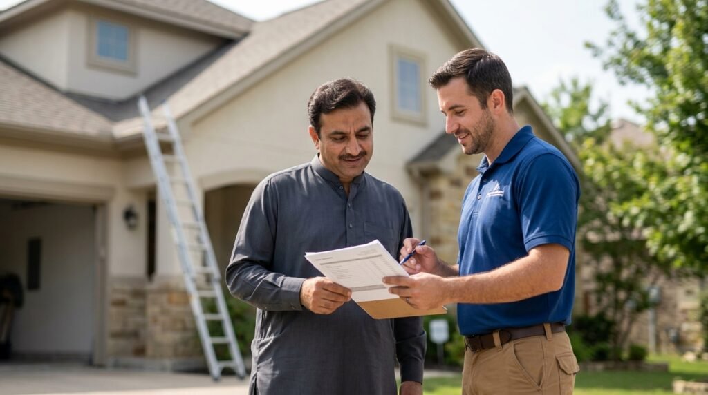 Homeowner discussing roof repair