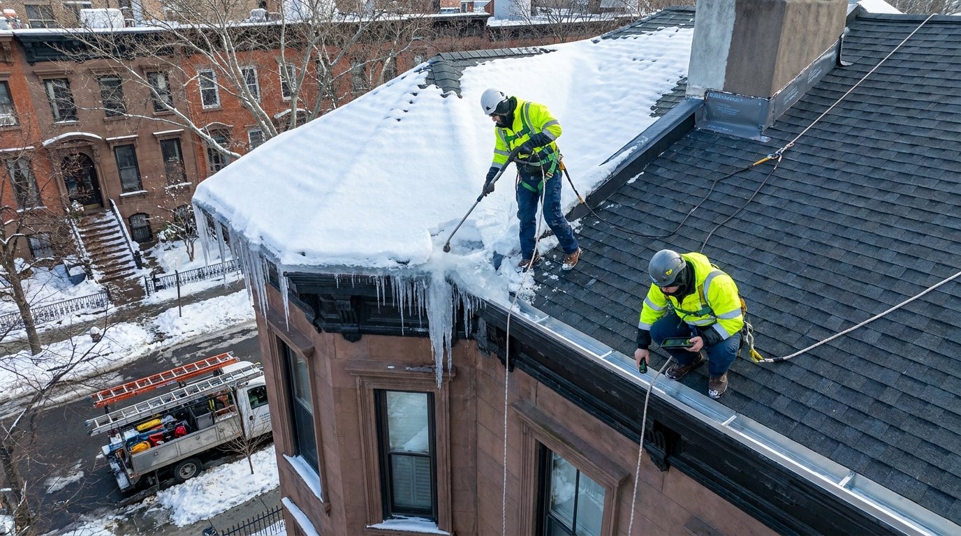 Roof snow removal and ice inspection by roofing workers.