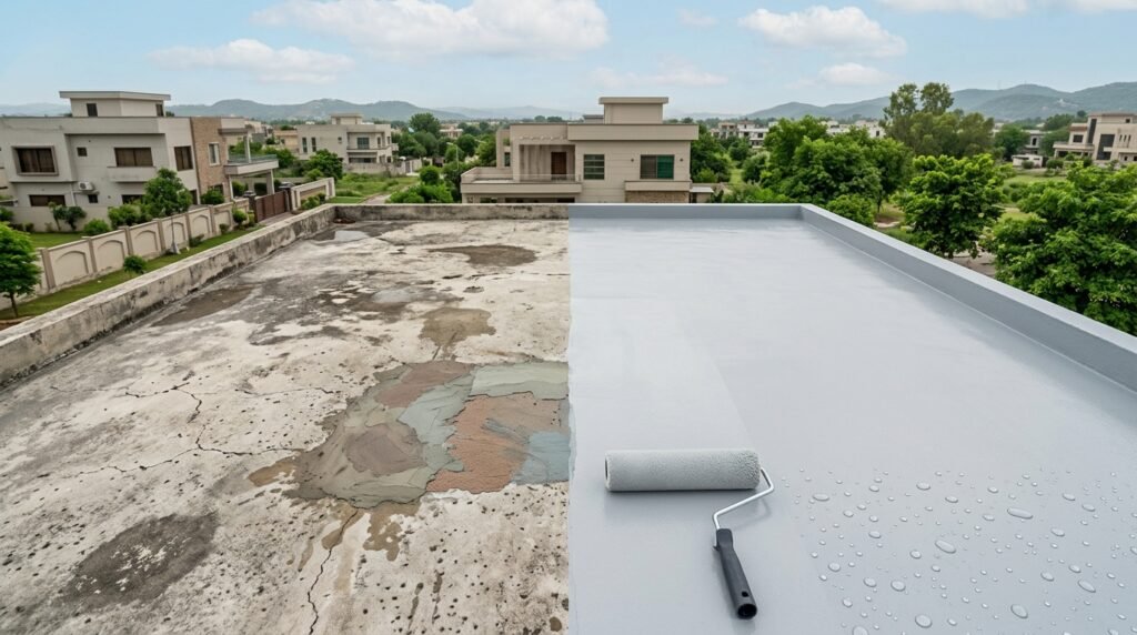 Flat roof shown half-finished, with cracked old surface on one side and fresh waterproof coating being rolled on the other