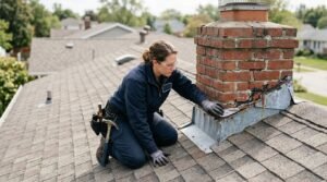 Roofer inspecting roof flashing to determine whether it needs repair or replacement