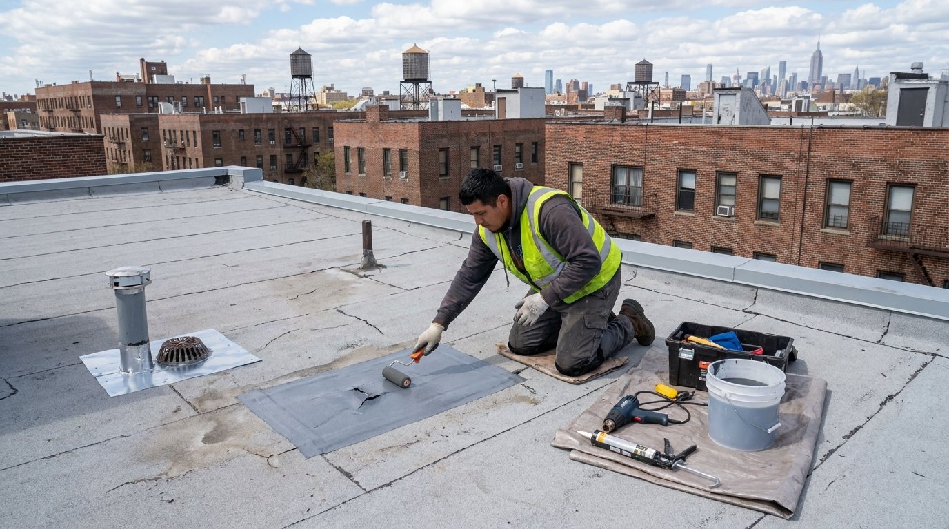 Roofing contractor rolling on a patch to repair a crack in a flat rooftop with city skyline in the background