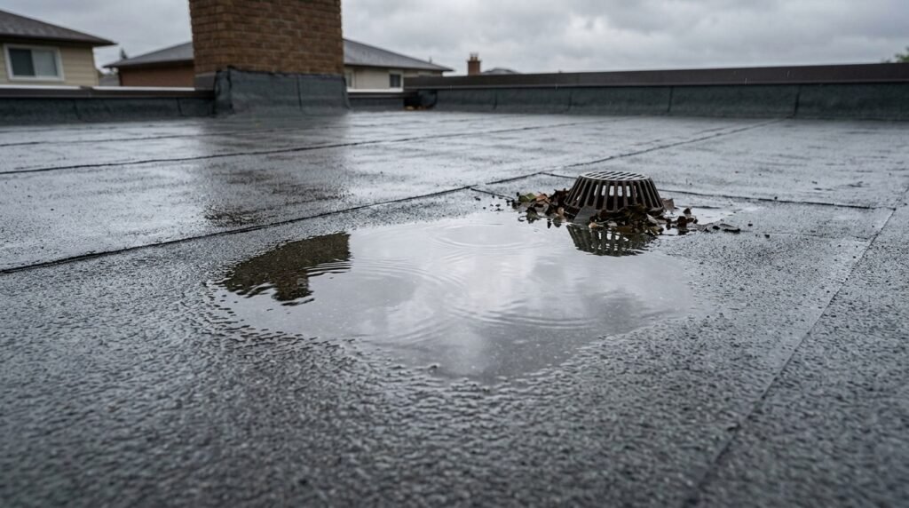 Standing water pooling on a flat residential roof membrane, indicating drainage problems