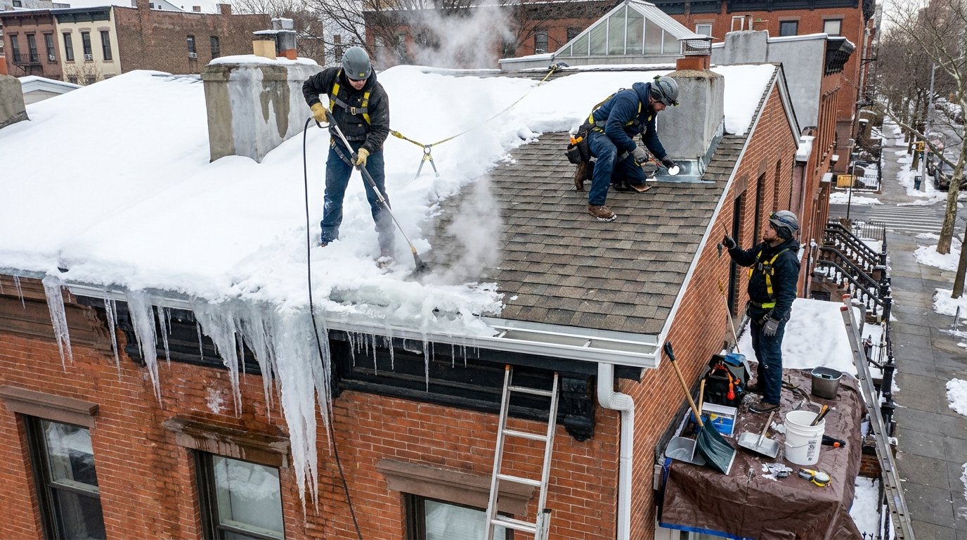 Roofing technicians using a steamer to remove a large ice dam from a snow-covered roof with icicles hanging from the gutter